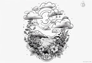 forearm tattoo of a clouds with little plants and the date 12.08.05 tattoo idea