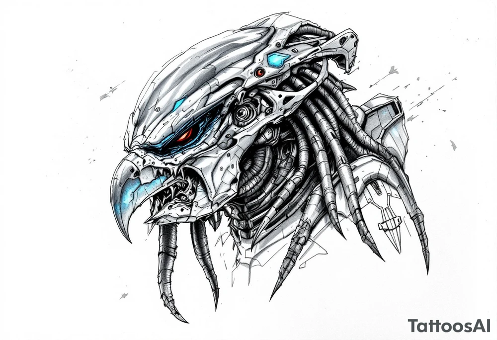 Falconer Predator – A sleek and stealth-focused Yautja from Predators (2010), with grayish-green skin, smooth, lightweight armor, and a custom bio-mask with a visor-like design. Uses a mechanized falcon drone to track prey. tattoo idea