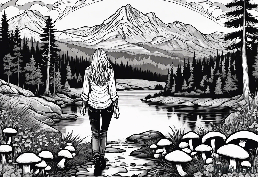 Whole picture encircled fully

Straight long blonde hair hippie girl in distance holding mushrooms in hand facing away toward mountains and creek surrounded by mushrooms long sleeve shirt and hiking pants; whole rendering within a full circle, no cut off circle tattoo idea