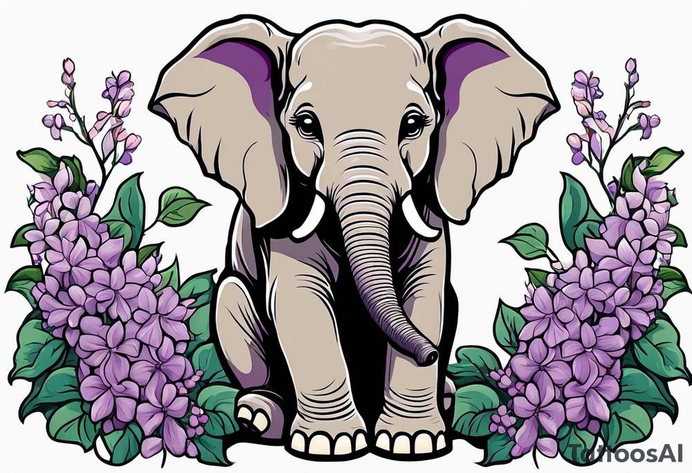 Baby elephant sitting with lilacs in its trunk tattoo idea