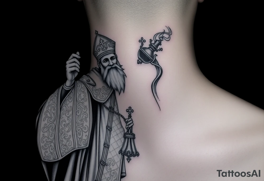 A Russian Orthodox Priest in full gold vestments swinging a censer with smoke curling upward 

The ornate robes give incredible fine line detail
The incense smoke could flow and connect to other elements
It ties directly into the church and Virgin Mary you already have
Very culturally authentic to the overall theme tattoo idea