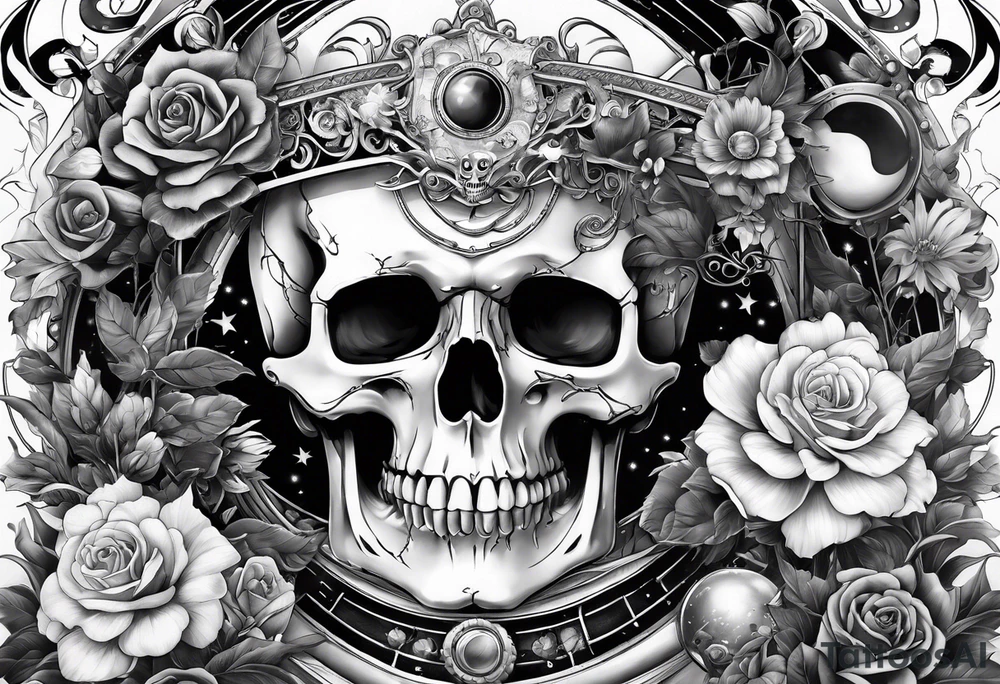 sleeve tattoo including science, skulls, roller coaster track, space and stars, flowers tattoo idea