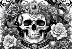 sleeve tattoo including science, skulls, roller coaster track, space and stars, flowers tattoo idea