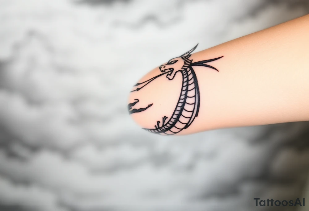 fierce dragon breathing iridescent fire against stormy skies tattoo idea