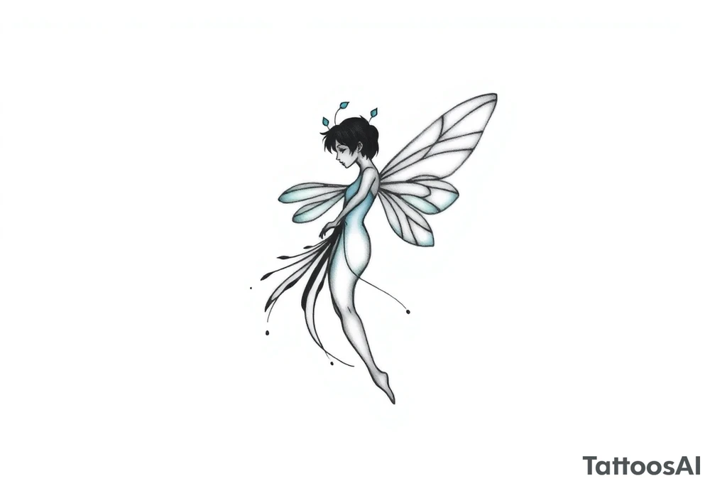 A minimalist fairy tattoo that represents a shattered and betrayed gemini woman who fought hard throughout this year. With colors blue and black. Make it unique and rare. Without leaves and stem. tattoo idea