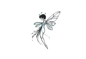 A minimalist fairy tattoo that represents a shattered and betrayed gemini woman who fought hard throughout this year. With colors blue and black. Make it unique and rare. Without leaves and stem. tattoo idea