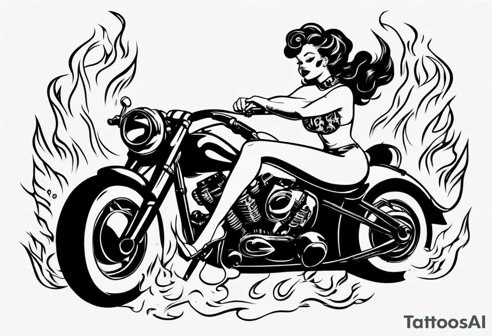 pinup doll riding a motorcycle through flames tattoo idea