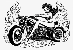 pinup doll riding a motorcycle  through flames tattoo idea