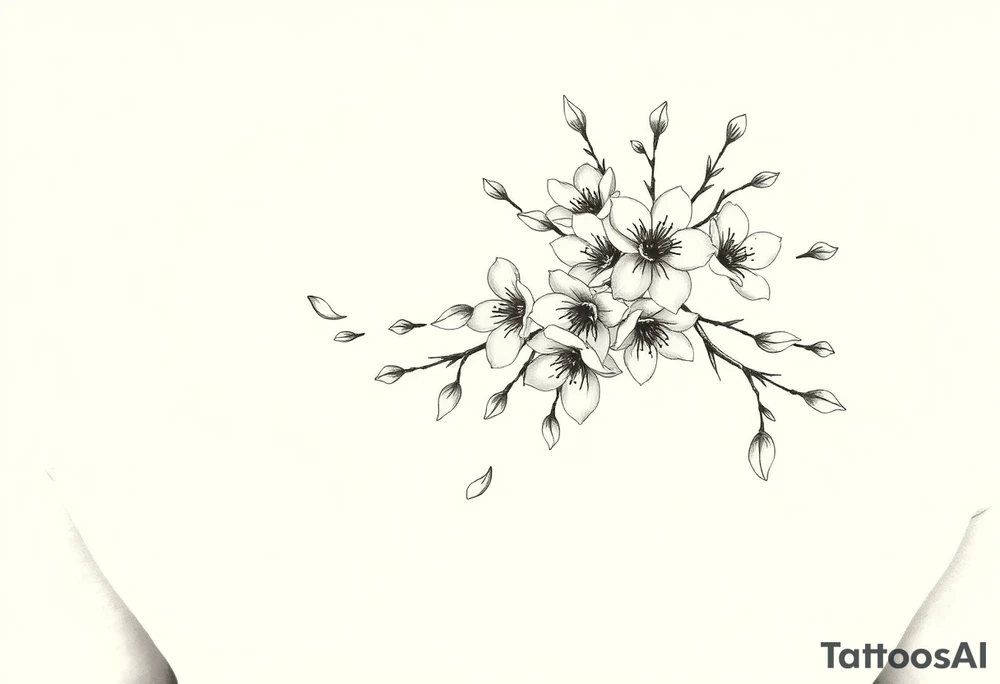 delicate cherry blossoms swirling in spring breeze with petals tattoo idea