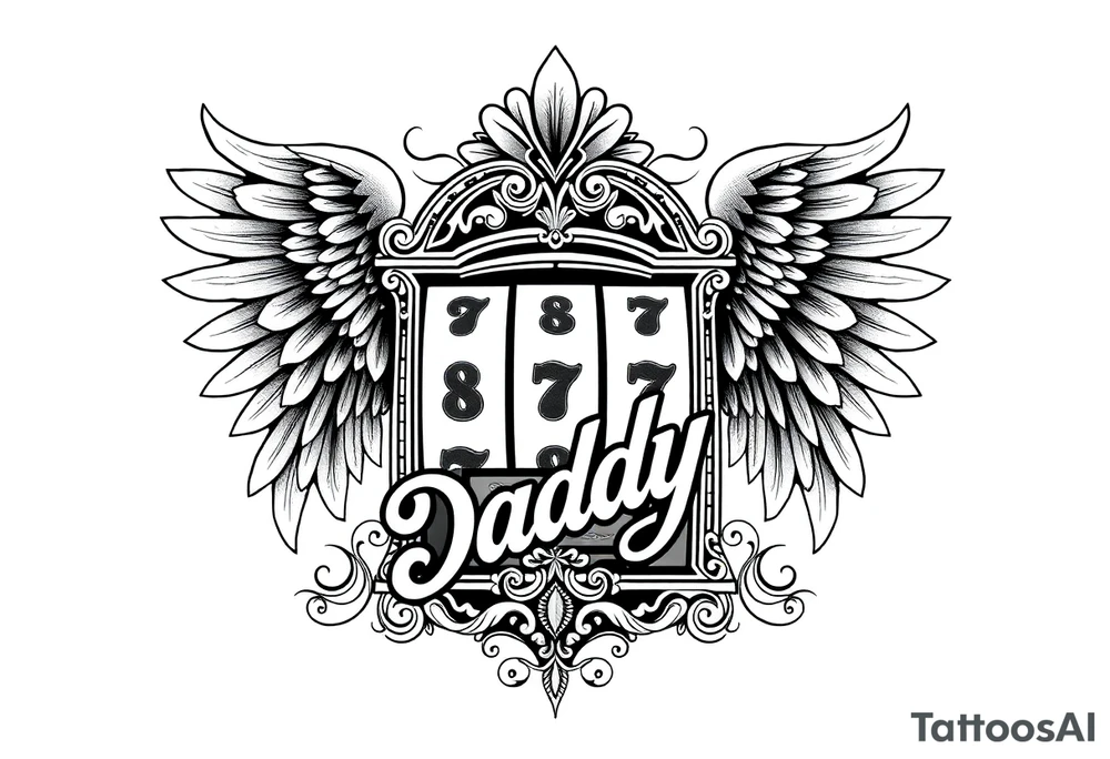 Slot machine with angel wings and word Daddy tattoo idea