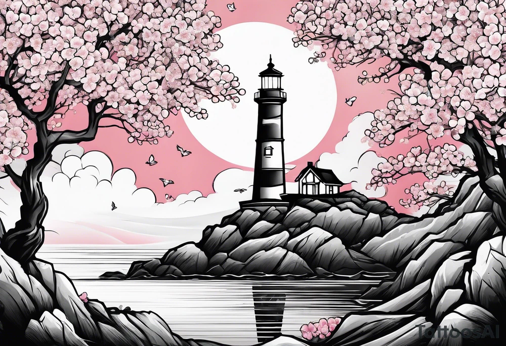 cherry blossom with lighthouse tattoo idea