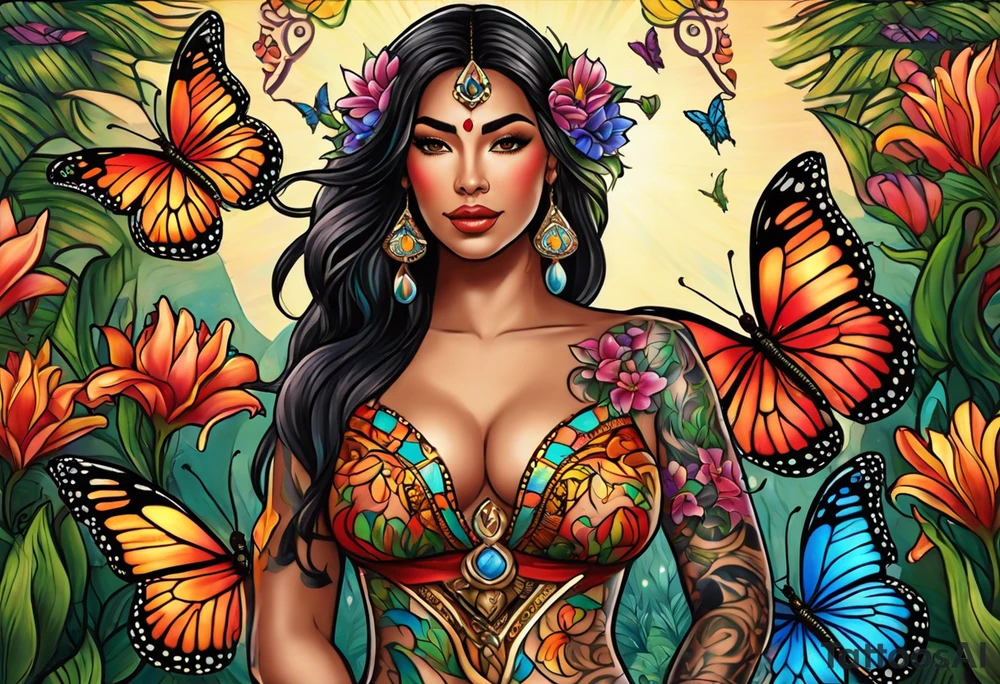 Forward-facing, portrait full length of Hispanic creation goddess standing upright.  Butterflies in background. Lillies near her feet with colorful vegetation. tattoo idea