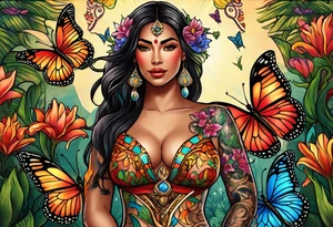 Forward-facing, portrait full length of Hispanic creation goddess standing upright.  Butterflies in background. Lillies near her feet with colorful vegetation. tattoo idea