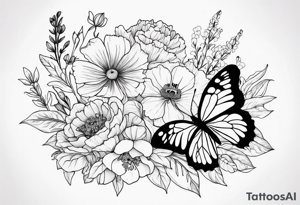 A flower bouquet of carnation, poppy, lily valley, larkspur, aster and marigold and then a butterfly tattoo idea