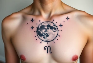 Moon and stars tattoo on girls chest with Jupiter and sagittarius sign tattoo idea