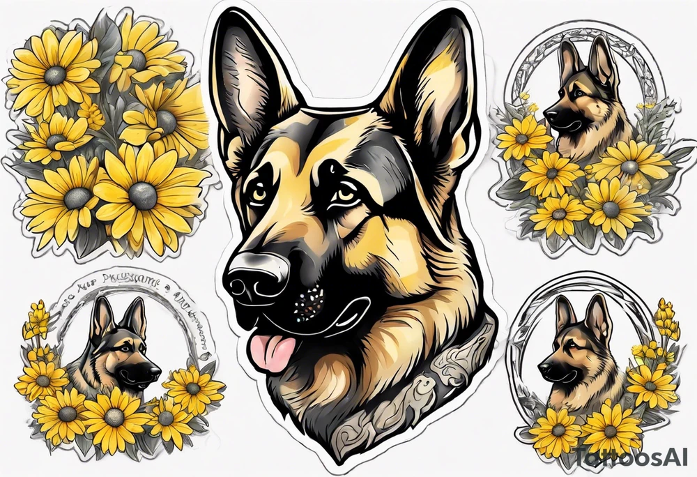 German shepherd portrait surrounded by yellow daisies tattoo idea