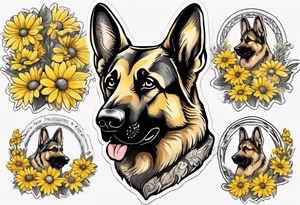 German shepherd portrait surrounded by yellow daisies tattoo idea