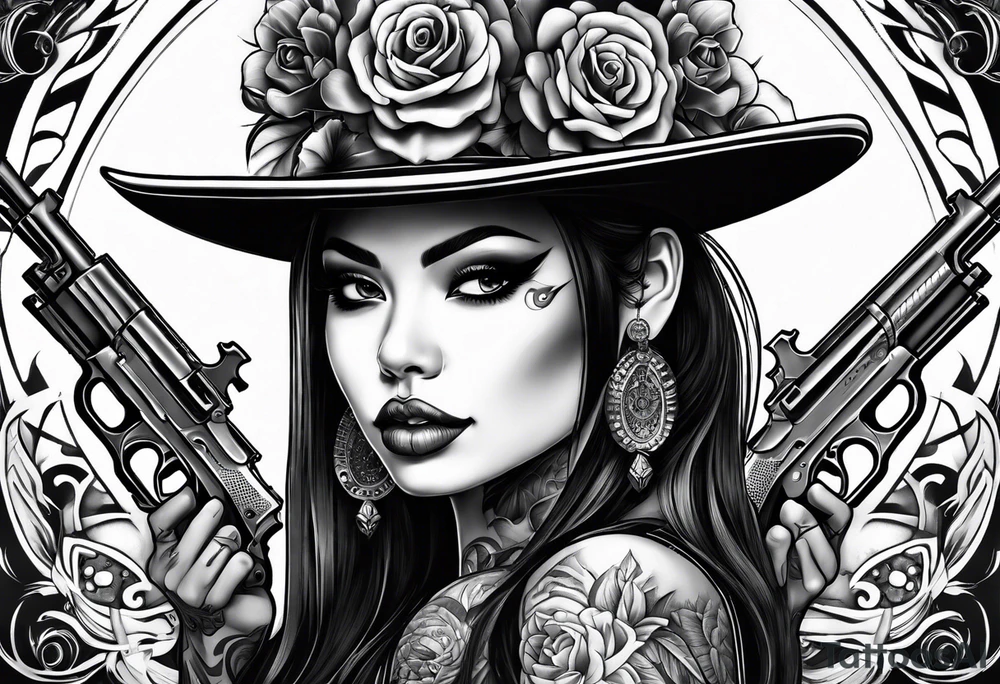 Chicano girl , skull , gun tattoo idea