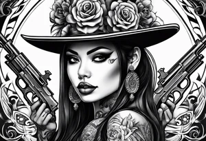 Chicano girl , skull , gun tattoo idea