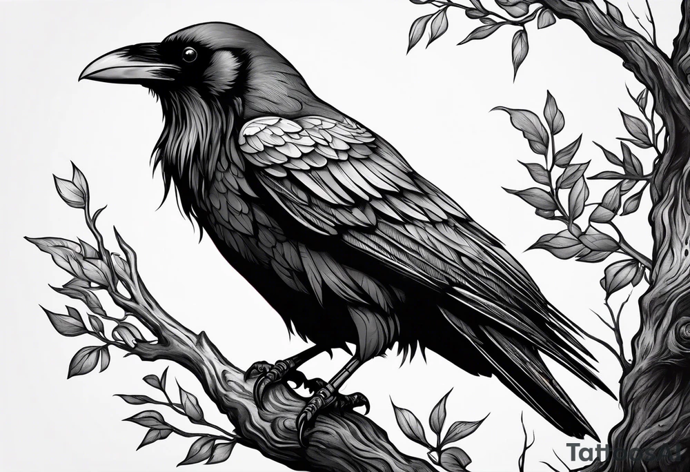 raven perched on branch tattoo idea