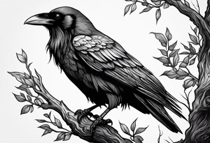 raven perched on branch tattoo idea