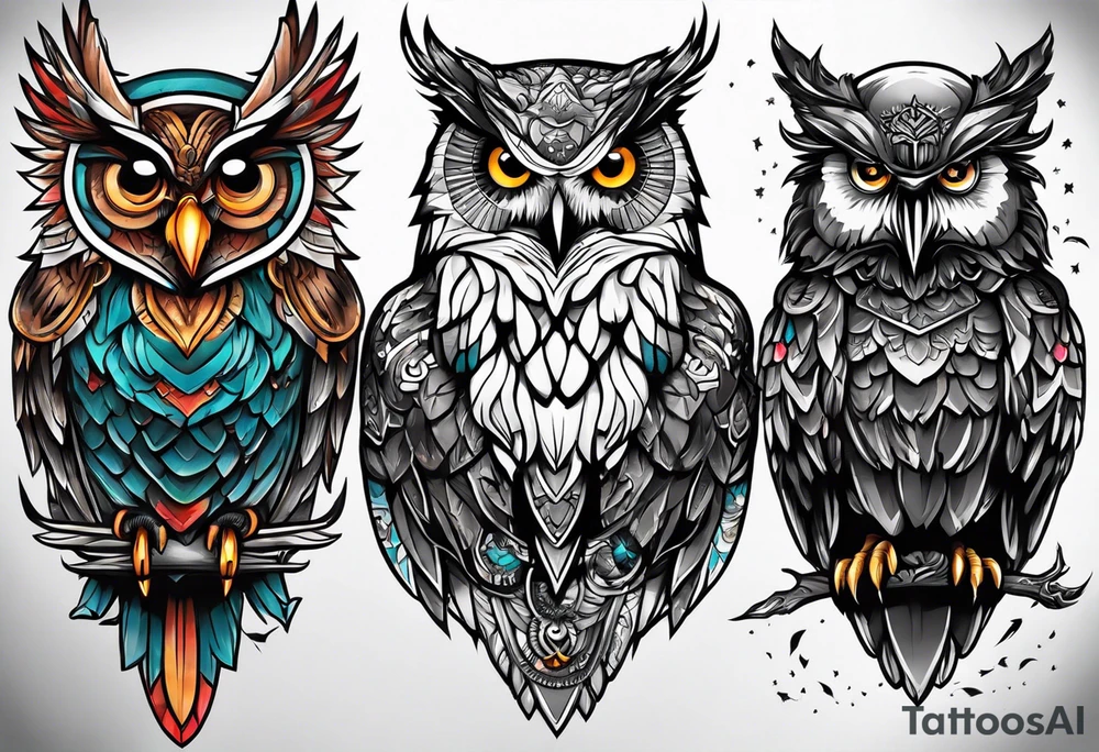 owl vs crow vs eagle vs elephant tattoo idea