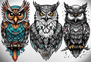 owl vs crow vs eagle vs elephant tattoo idea