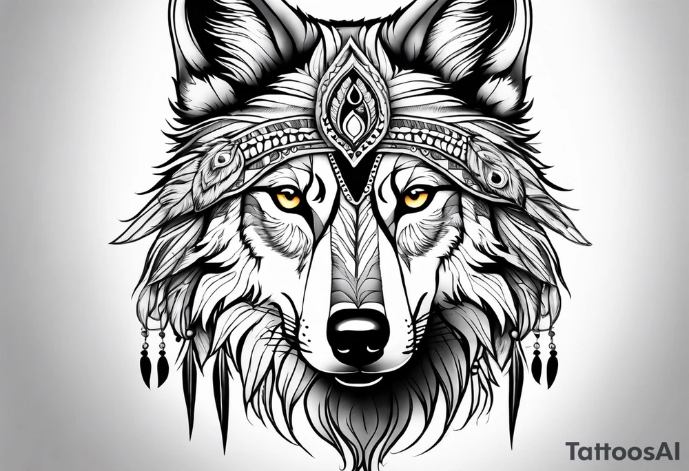 indian, wolf, feathers, water, nature tattoo idea