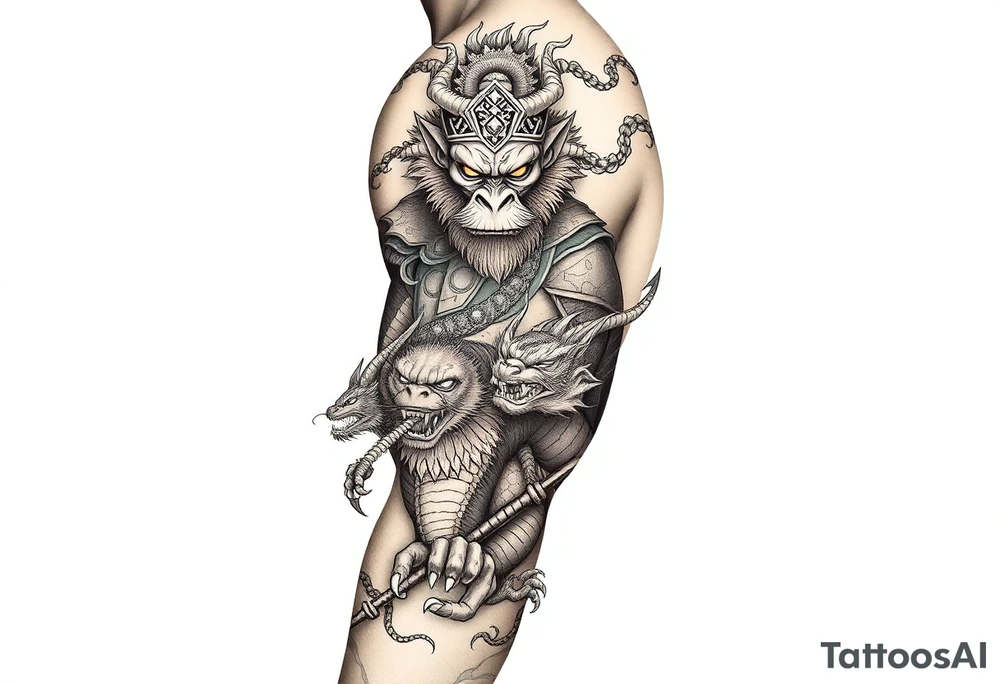 Aggressive powerfully armoured sun wukong monkey king on shoulder half fighting dragons and demons on lower arm with staff tattoo idea