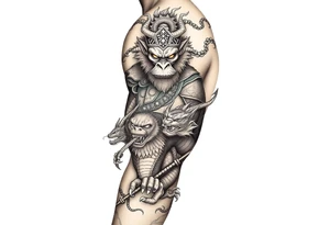 Aggressive powerfully armoured sun wukong monkey king on shoulder half fighting dragons and demons on lower arm with staff tattoo idea