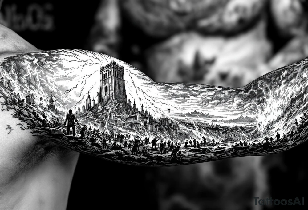 this will be a right arm sleeve.

A crumbling tower struck by lightning, with people scattering in chaos.
Fire raining down from heaven on a burning city, with smoke rising.
A blazing altar with fire falling from heaven
 Floodwaters overtaking the earth, with an ark in the distance. tattoo idea