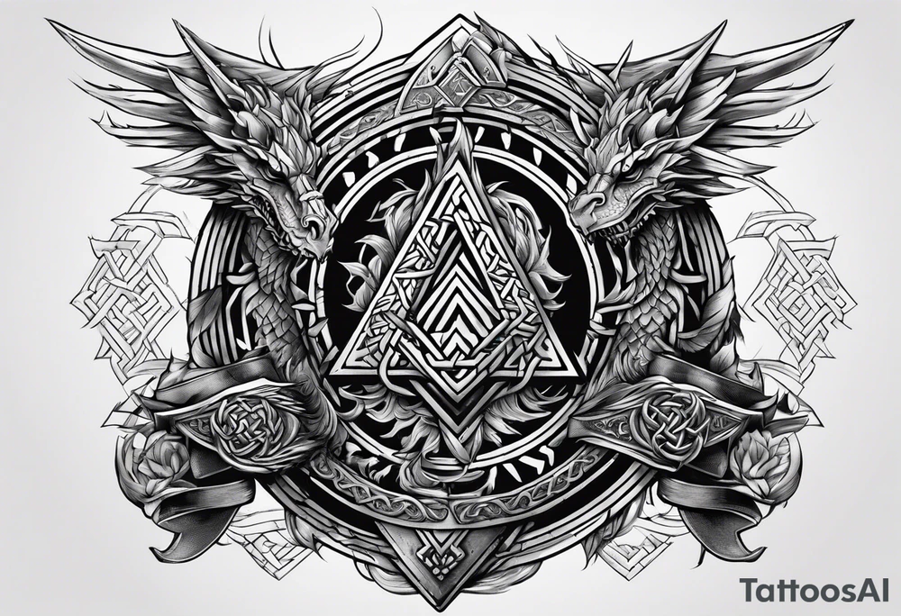 Valhalla sword shield dragon axe stairs Valknut barbed wire chains valknut fire tattoo idea Valhalla sword shield dragon axe stairs Valknut barbed wire chains valknut fire tattoo idea