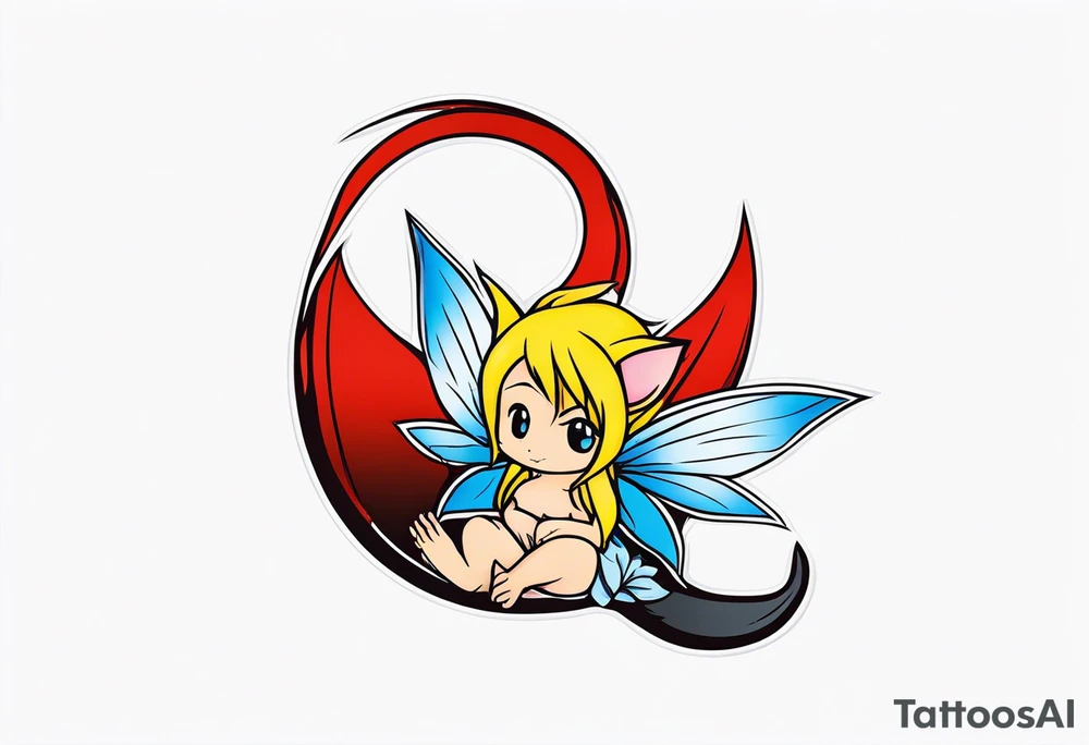 A fairy with a tail inspired by the logo of the show called Fairy Tail in a fetal position leaning in tattoo idea