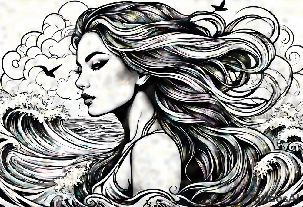goddess, stormy sea, full length tattoo idea