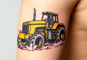 A hyper-realistic yellow tractor in motion, dust swirling around its massive tires. tattoo idea