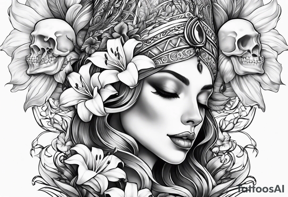 Skulls, lilies, the goddess Mara tattoo idea