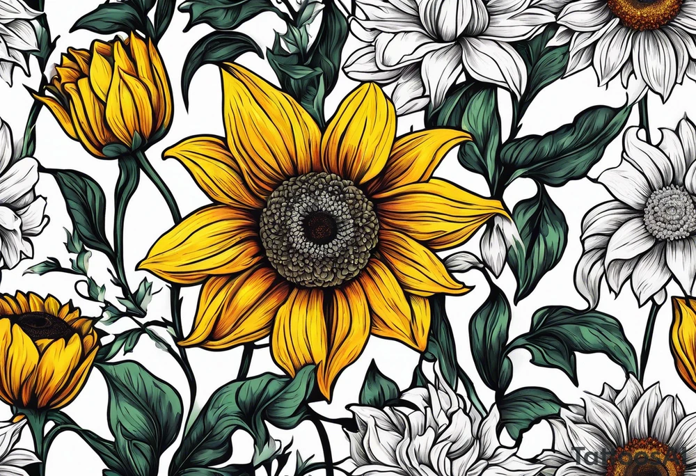 Sunflower daffodil, daisy, rose Adler, chrysanthemum, holly tattoo idea