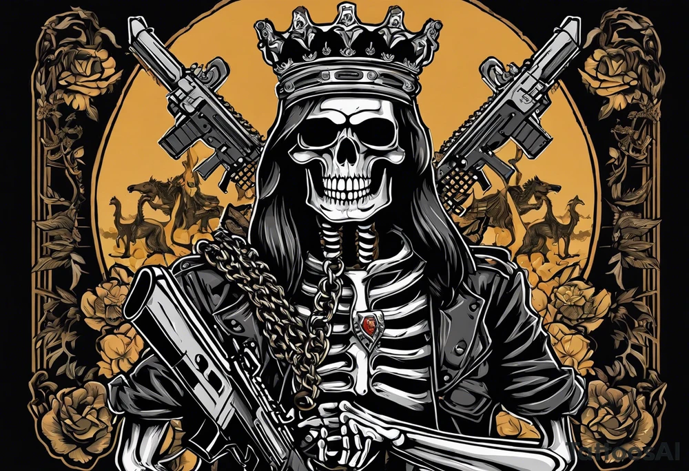 image of a skeleton standing frontally with a crown on his head, holding an AK-47 on his shoulder with his right hand. The chain on the left should be taut, there are three angry barking Dobermans in it, near the waist tattoo idea