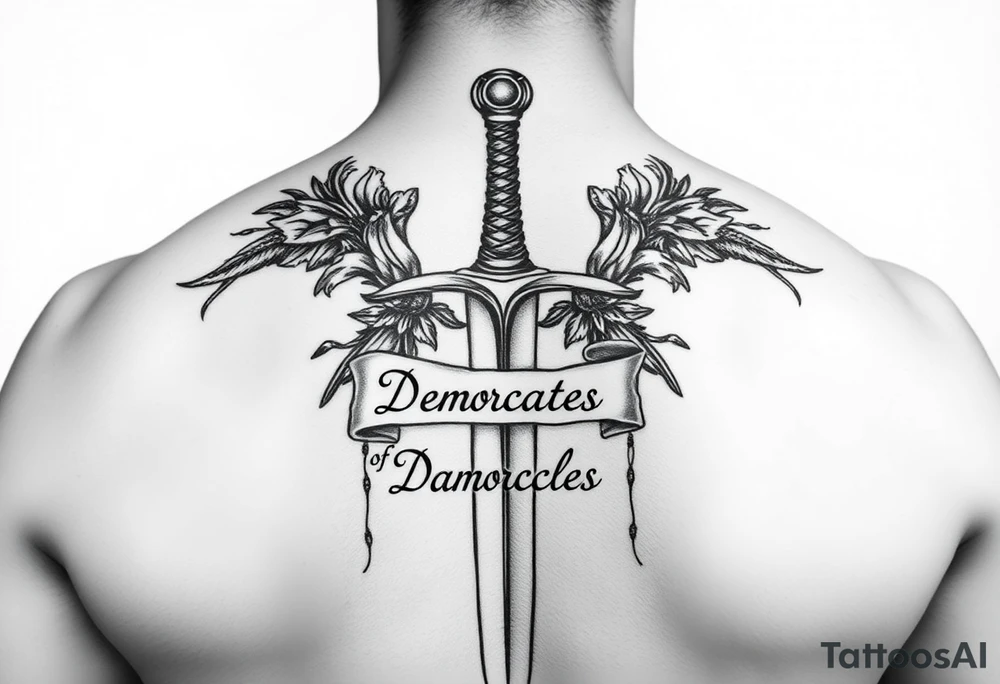 Please generate Polynesian style tattoos for me.
My qualities are authenticity, constructive reflection after failure and balance in relationships.
The sword should cover my back from top to bottom, passing over my spine with great relief and detail, surrounded by a parchment written in fine italic letters “Sword of Damocles”. tattoo idea