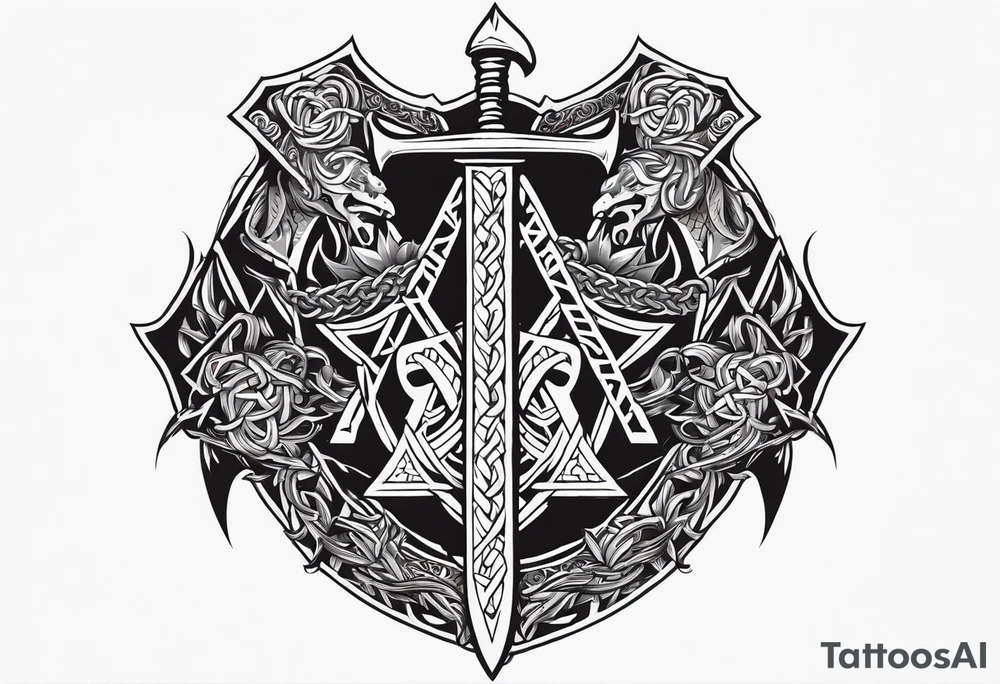 Valhalla sword shield dragon axe Valknut barbed wire chains fire tattoo idea