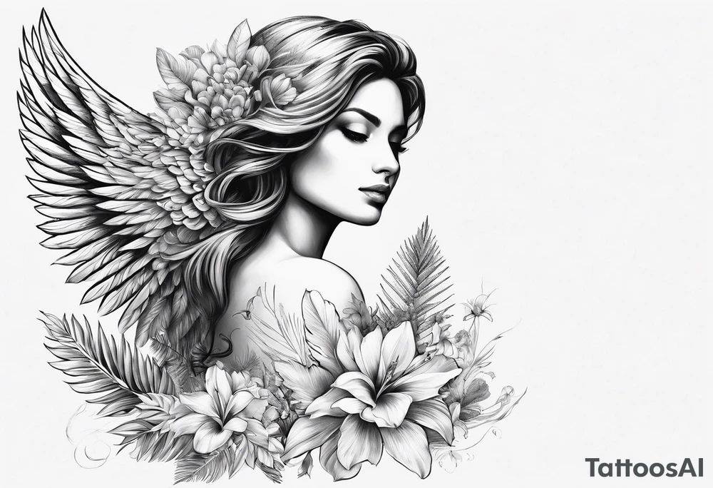 wing angel, flower, palm, sea tattoo idea