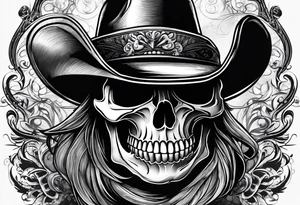 Skull wearing a cowboy hats, smoking a cigar. tattoo idea