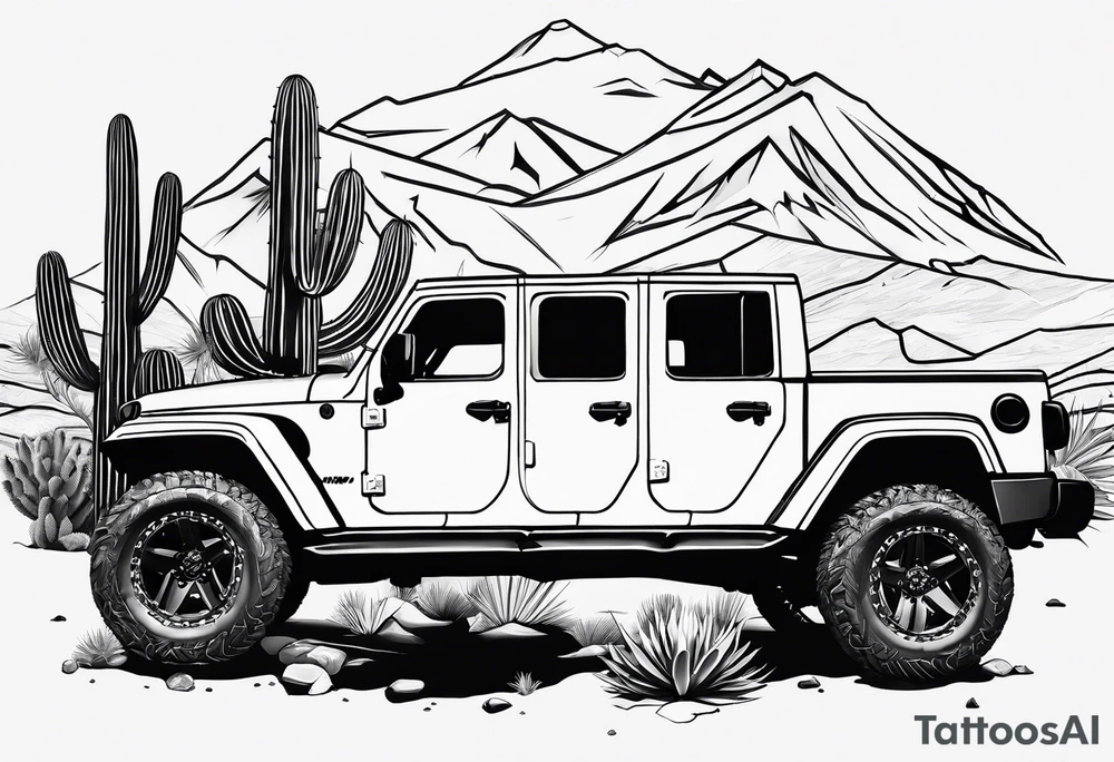 A dessert mountain with a jeep gladiator beside a cactus donkey tattoo idea