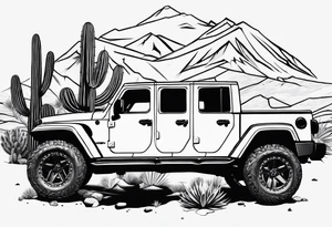 A dessert mountain with a jeep gladiator beside a cactus donkey tattoo idea