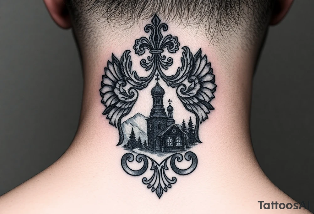 Traditional authentic Russian coat of arms with a Christian orthodox virgin marry in the middle and silhouette in a Russian wilderness Christian orthodoxy dome church village setting on the side of my neck tattoo idea