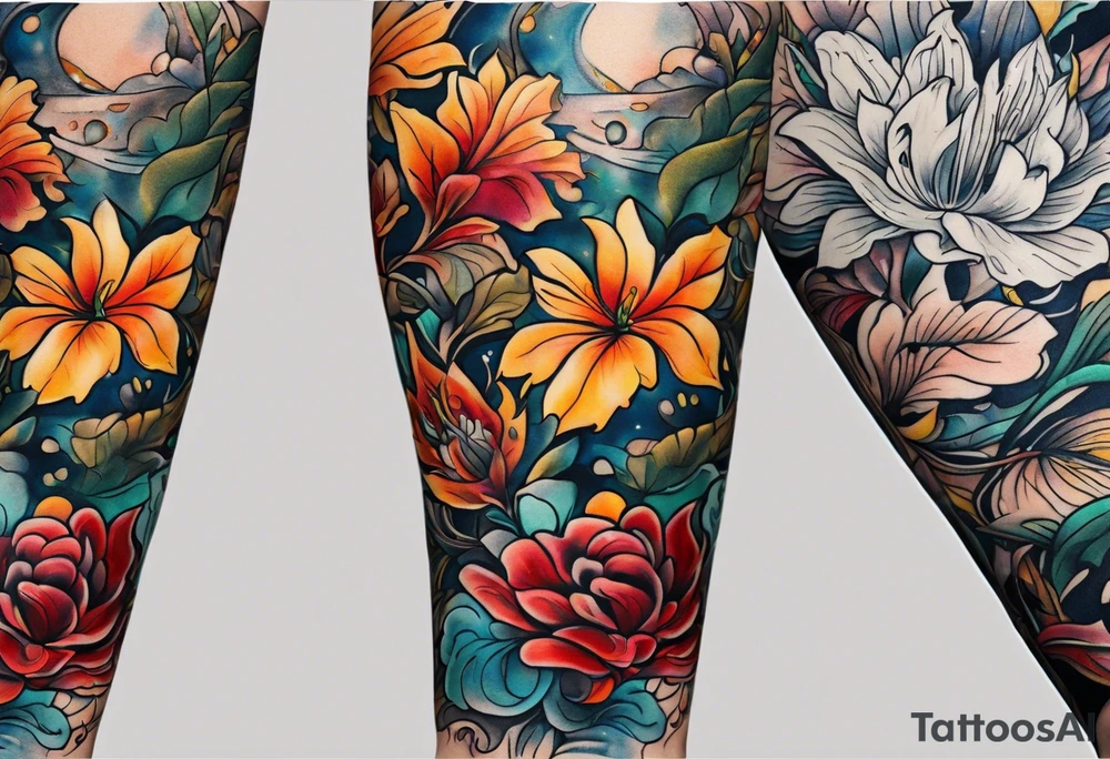 arm sleeve with fall colors, flowers, water, leaves and various shapes tattoo idea