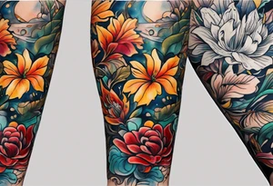 arm sleeve with fall colors, flowers, water, leaves and various shapes tattoo idea