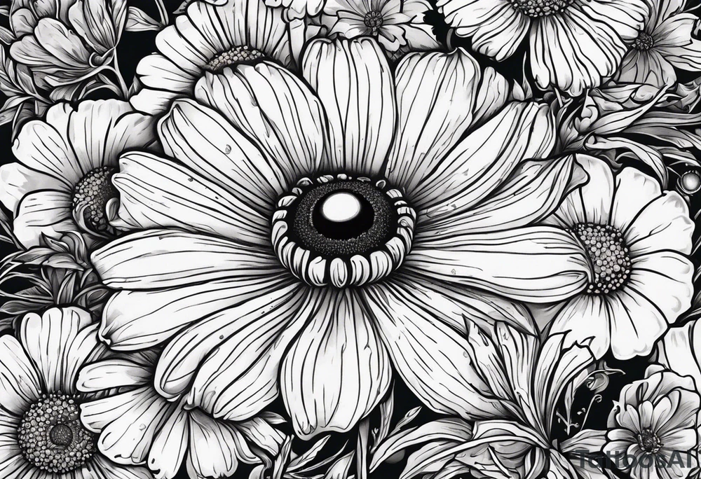 Sweet Pea Marigold cosmos daisy with a spider and a buffterly with a sun and moon tattoo idea