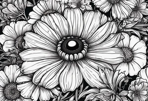 Sweet Pea Marigold cosmos daisy with a spider and a buffterly with a sun and moon tattoo idea