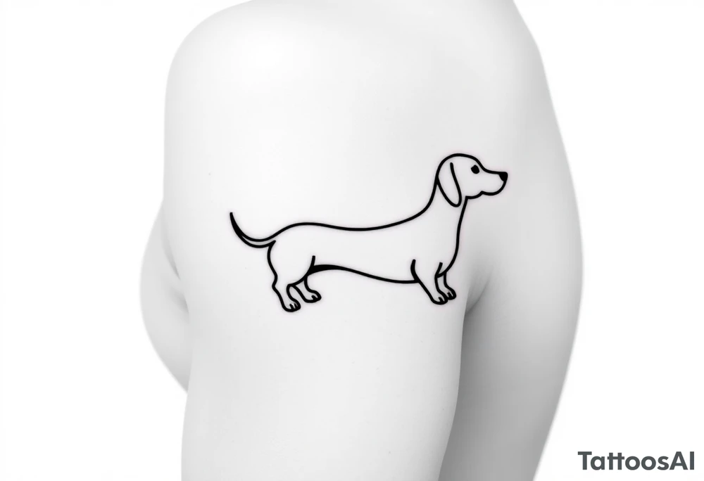 A minimalist black and white tattoo design featuring a dachshund (sausage dog). The dog’s long body forms a continuous, single bold line that wraps around the arm in a spiral, starting with the tail and ending with the head and face. The design should look elegant, clean, and playful, emphasizing the dachshund’s elongated shape and flowing movement around the arm. tattoo idea